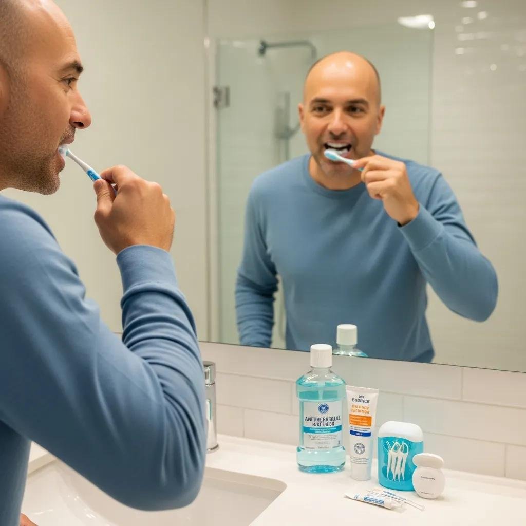 Patient practicing oral hygiene after dental implant surgery at home