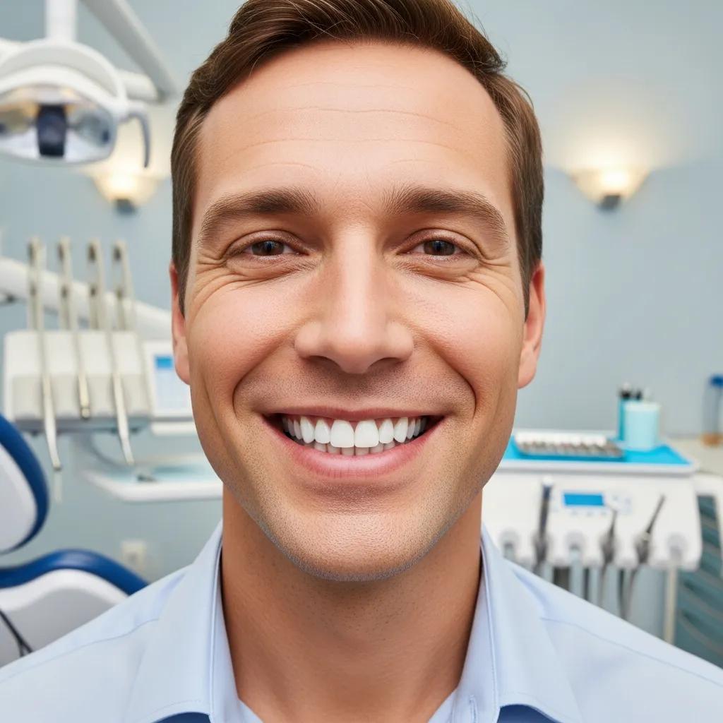 Patient smiling confidently after cosmetic dental treatment in a modern clinic