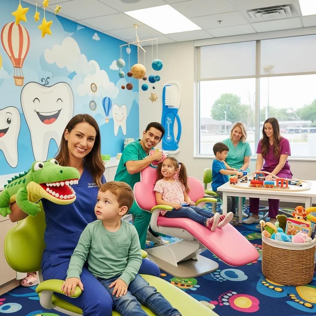 Pediatric dental team interacting positively with children in a colorful office