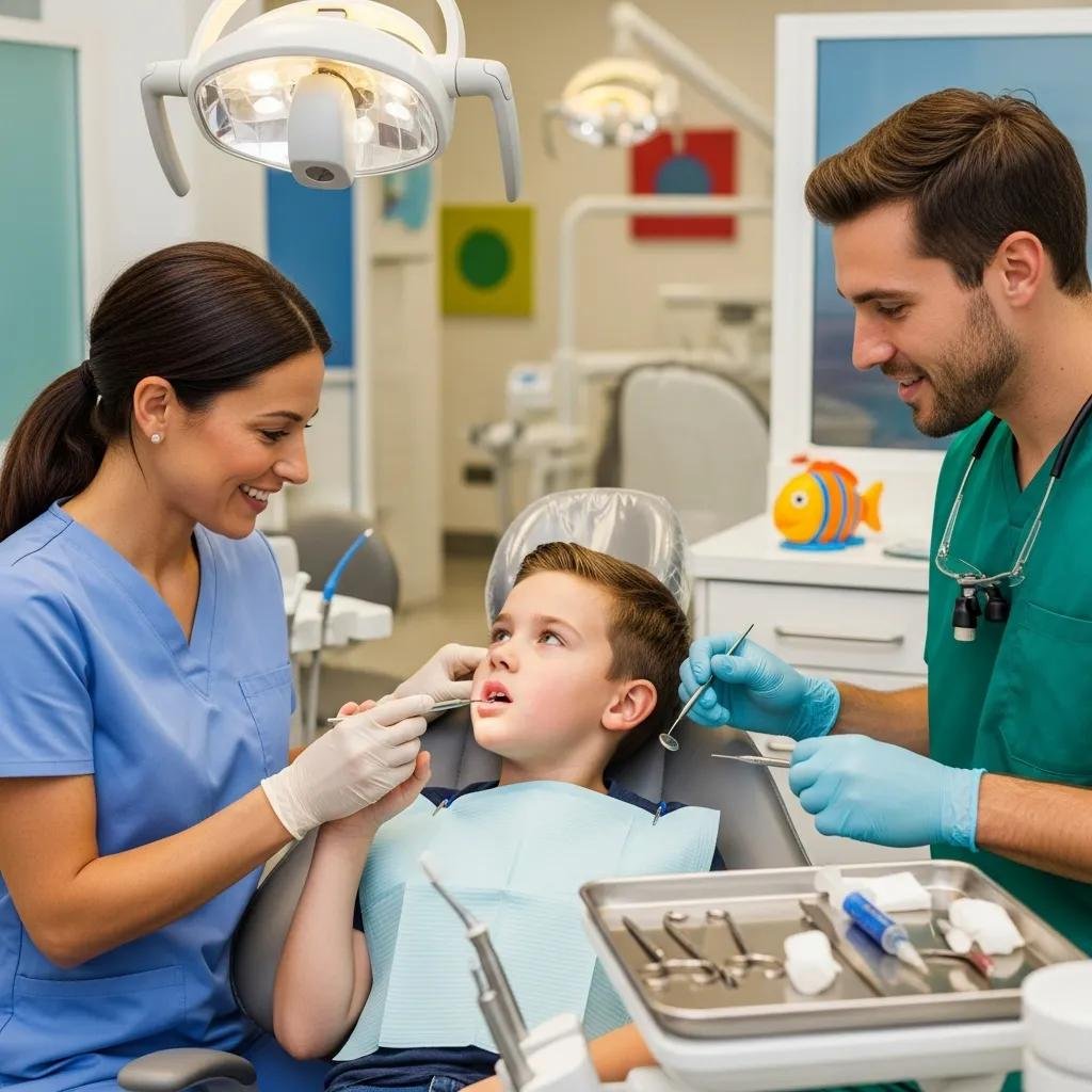 Pediatric dentist and nurse caring for a child during a dental emergency in a supportive environment