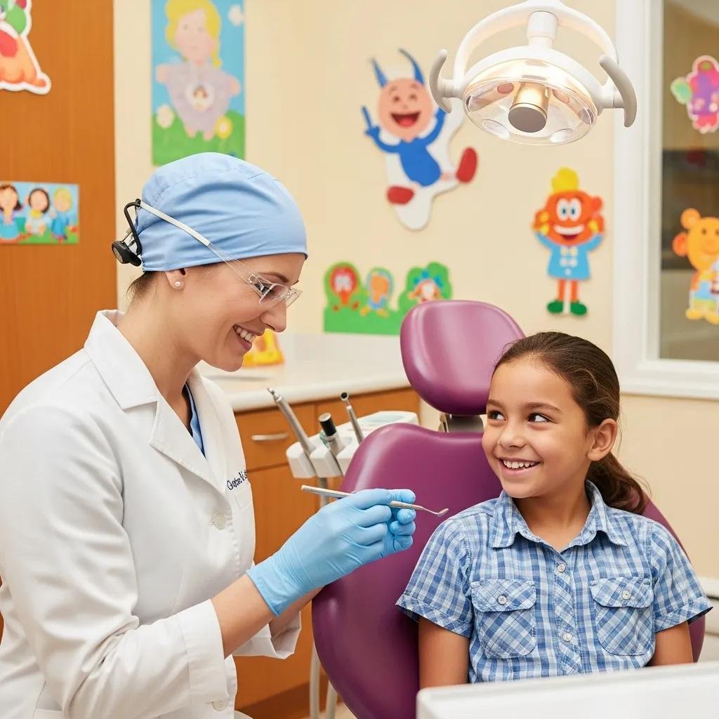 Pediatric dentist engaging with a child in a colorful dental office