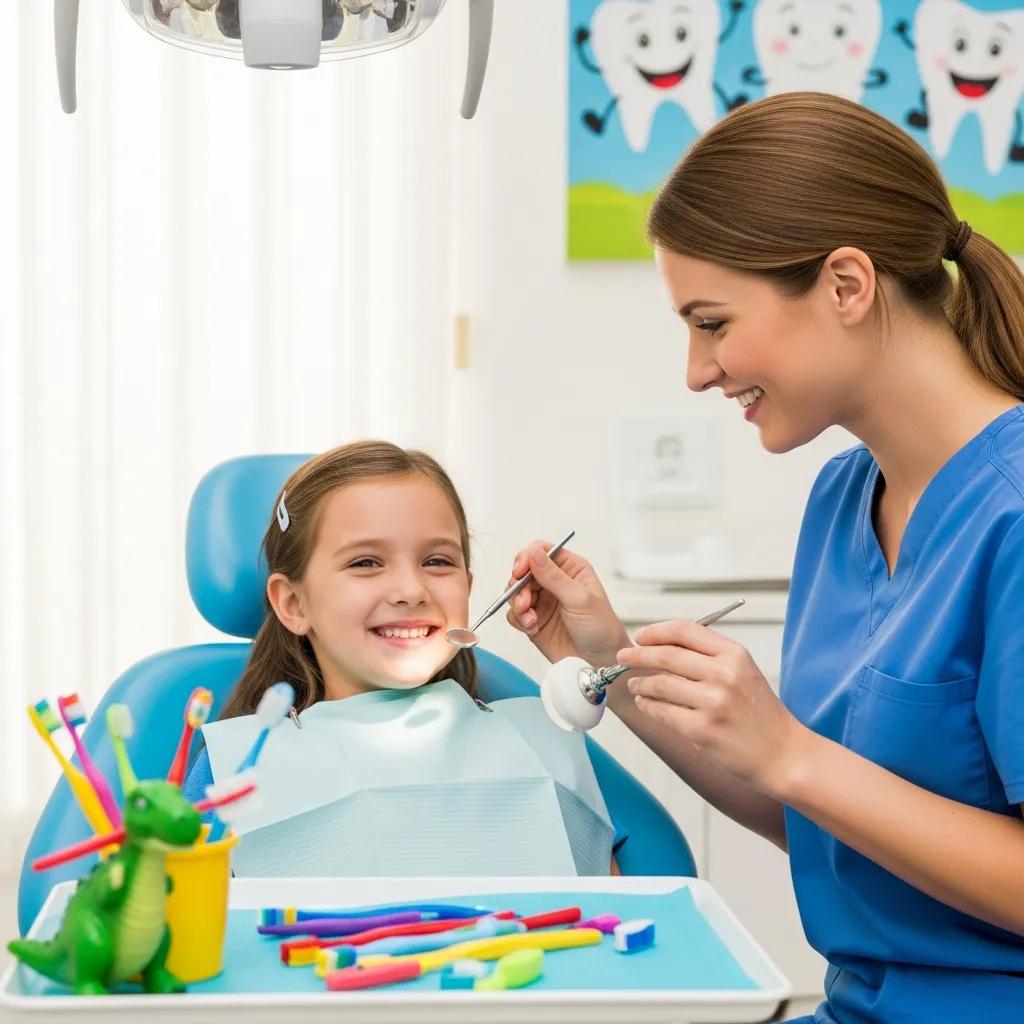 Pediatric dentist examining a child's teeth in a friendly environment
