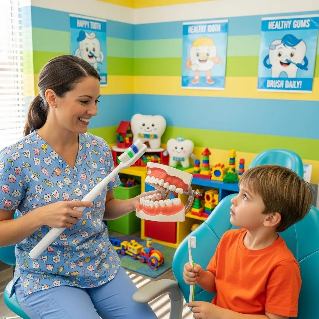 Pediatric dentist teaching a child about dental hygiene in a colorful office