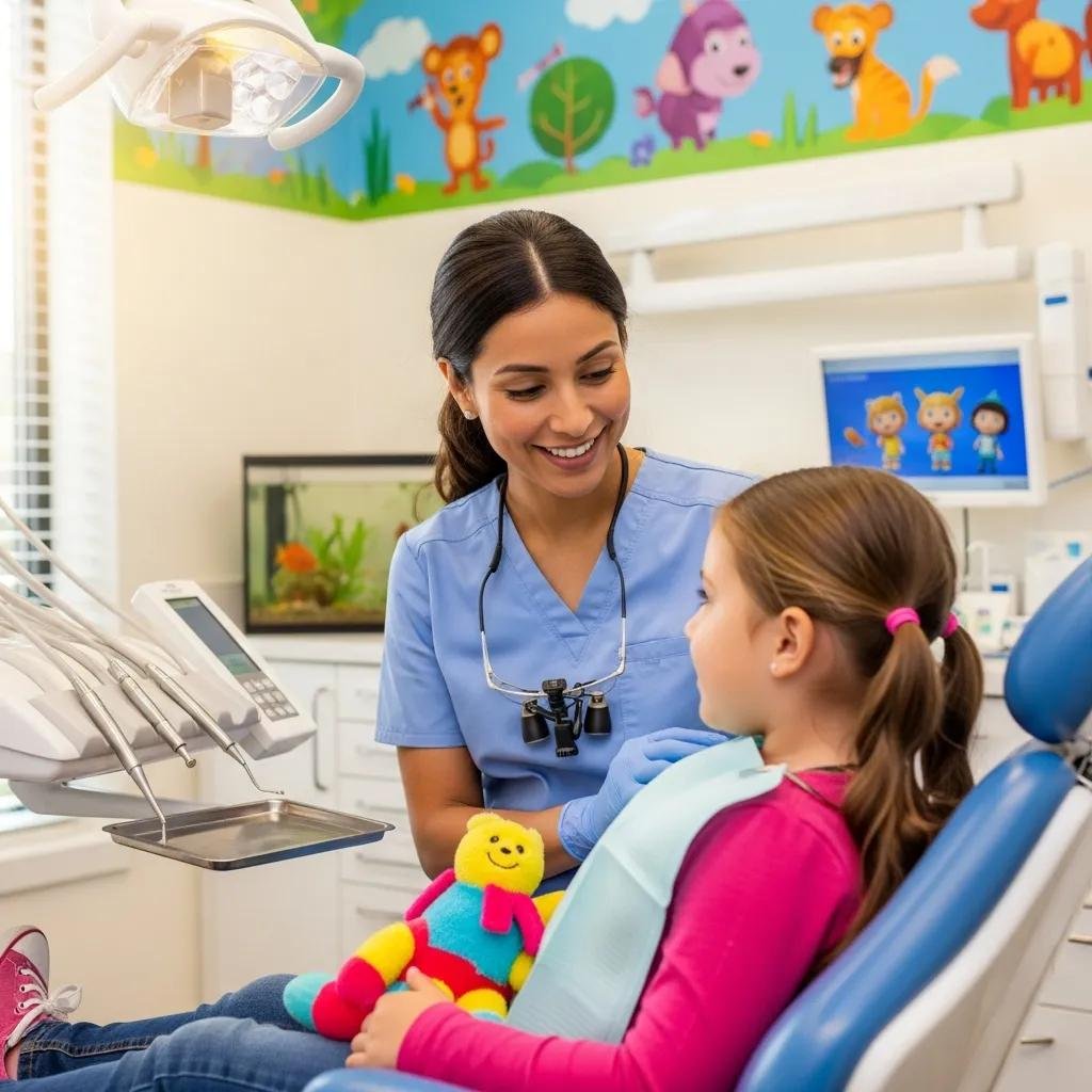 Pediatric dentist using calming techniques with a relaxed child during a dental check-up