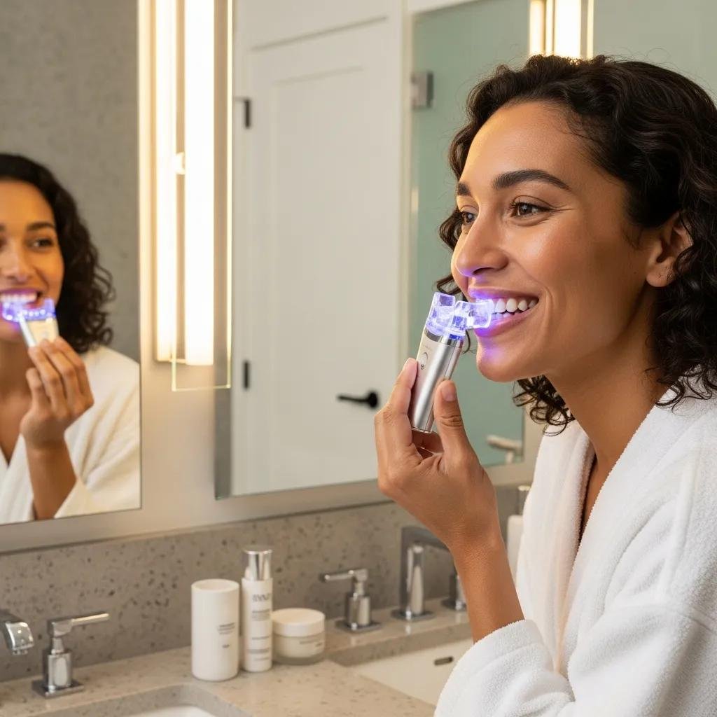 Person using a professional teeth whitening kit at home, demonstrating the convenience and effectiveness of cosmetic dental treatments