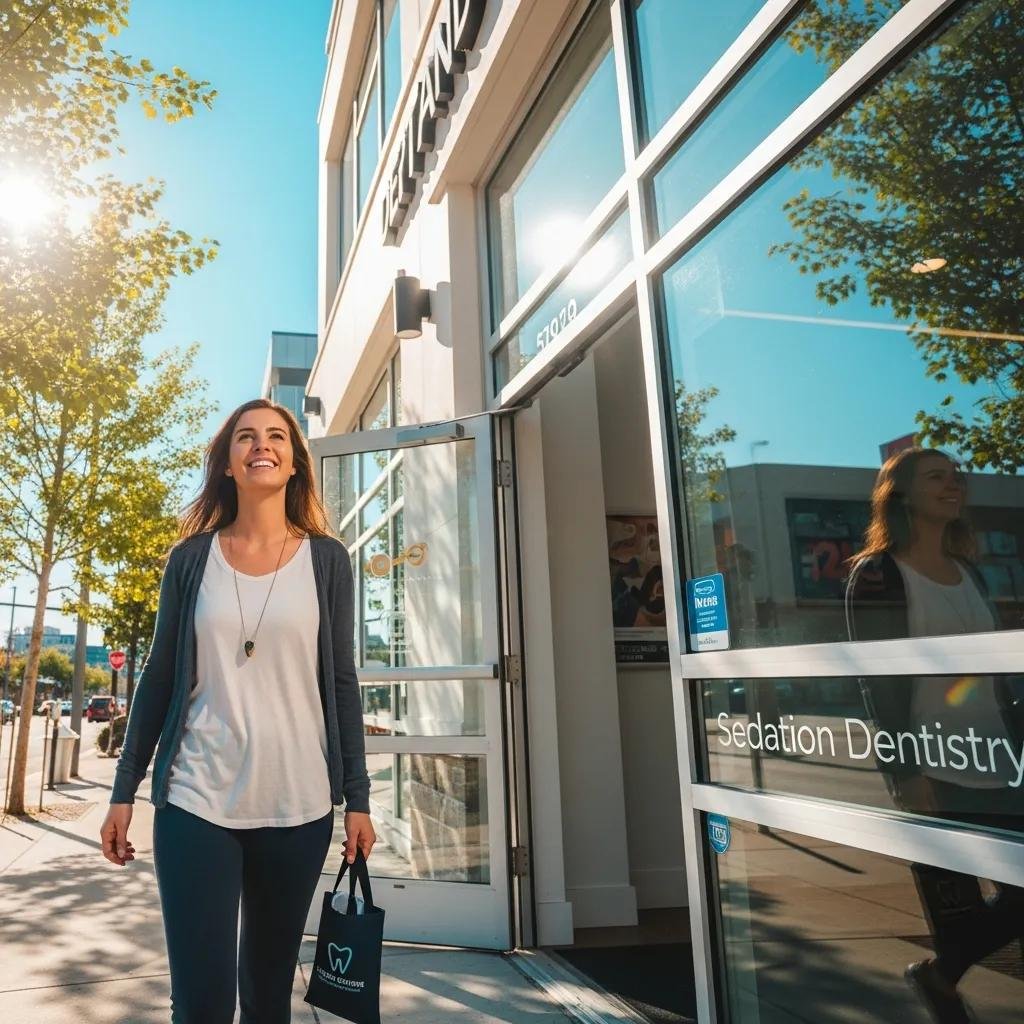 Satisfied patient leaving a dental office after a sedation dentistry appointment, expressing relief and happiness
