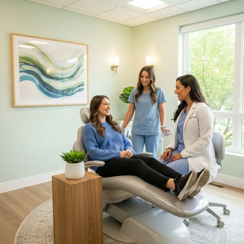 Calming dental environment with a patient and staff focused on comfort