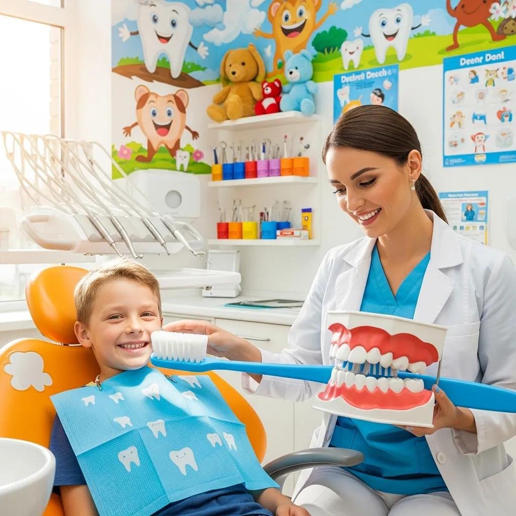 Child-friendly pediatric dental care scene with a smiling child and dentist