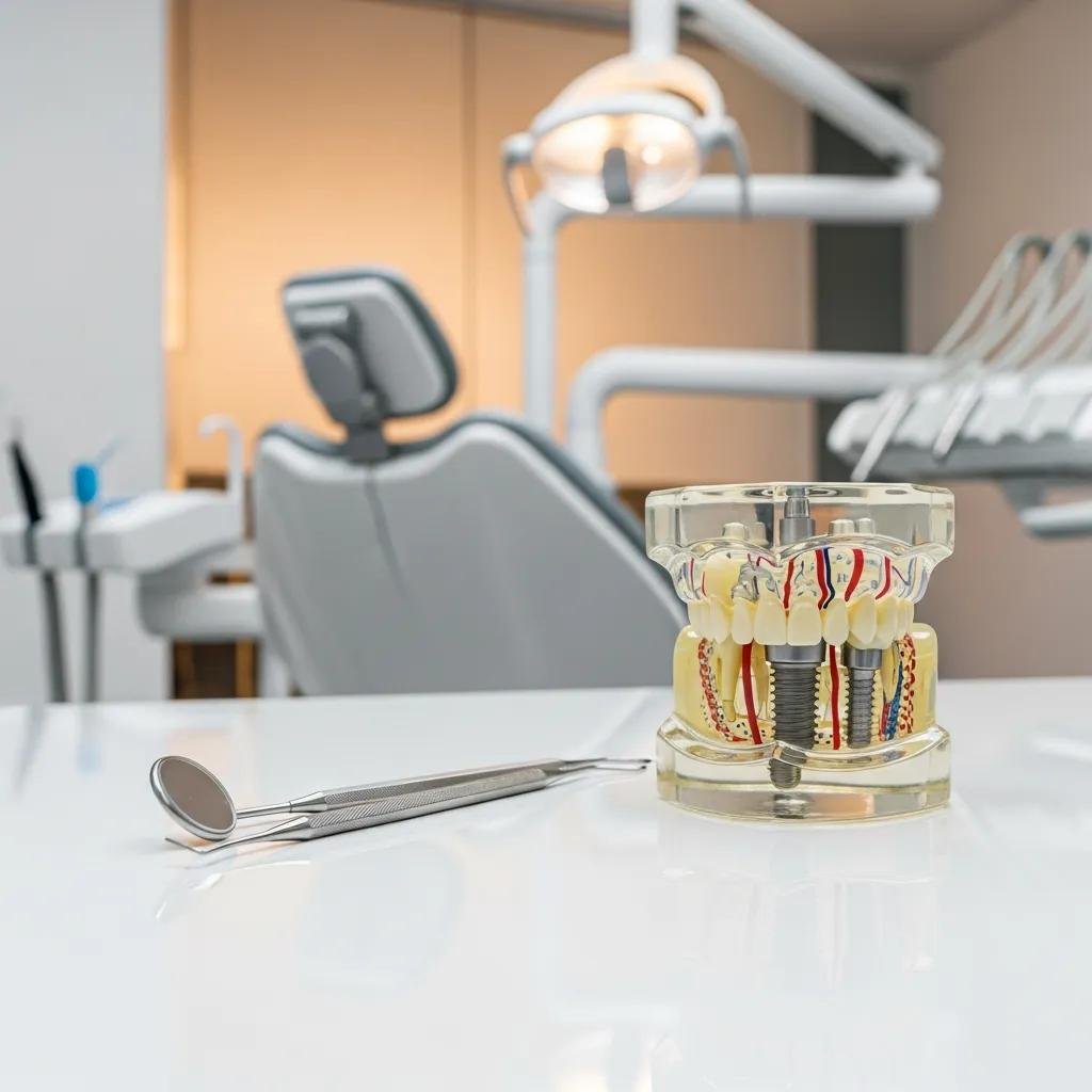 Close-up of a dental implant model in a professional dental setting