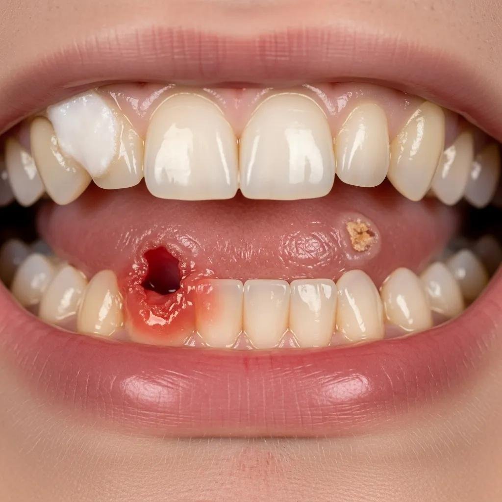 Close-up of mouth showing early signs of oral cancer, including white patches