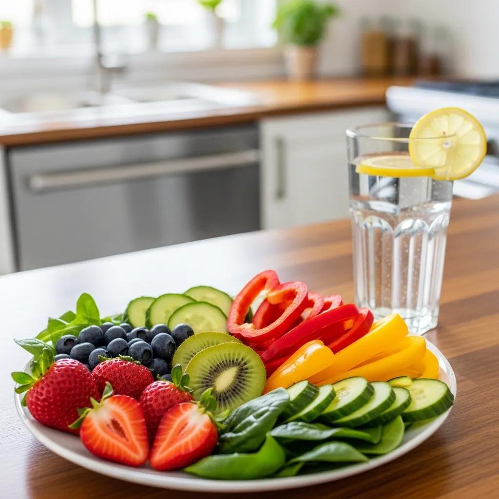 Colorful plate of fruits and vegetables promoting healthy lifestyle for oral cancer prevention