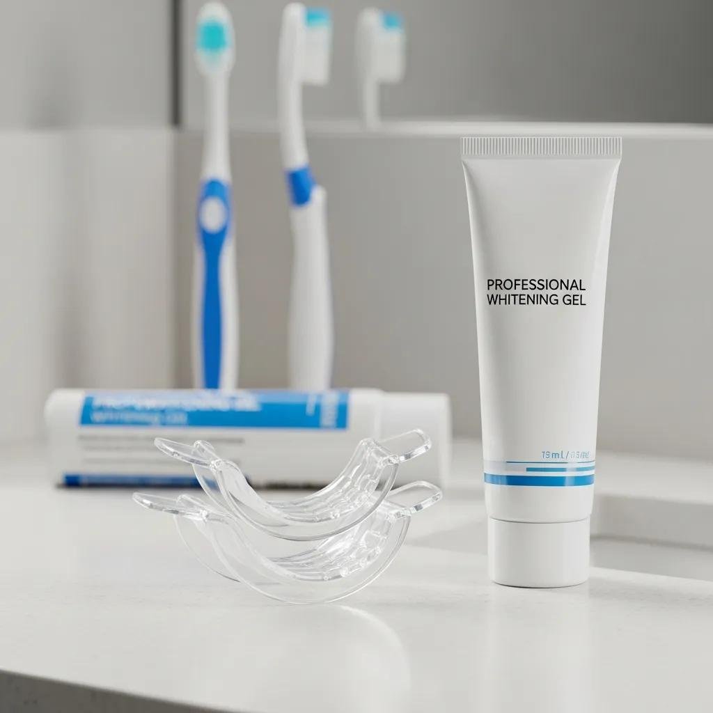 Custom take-home teeth whitening kit with trays and whitening gel on a bathroom counter