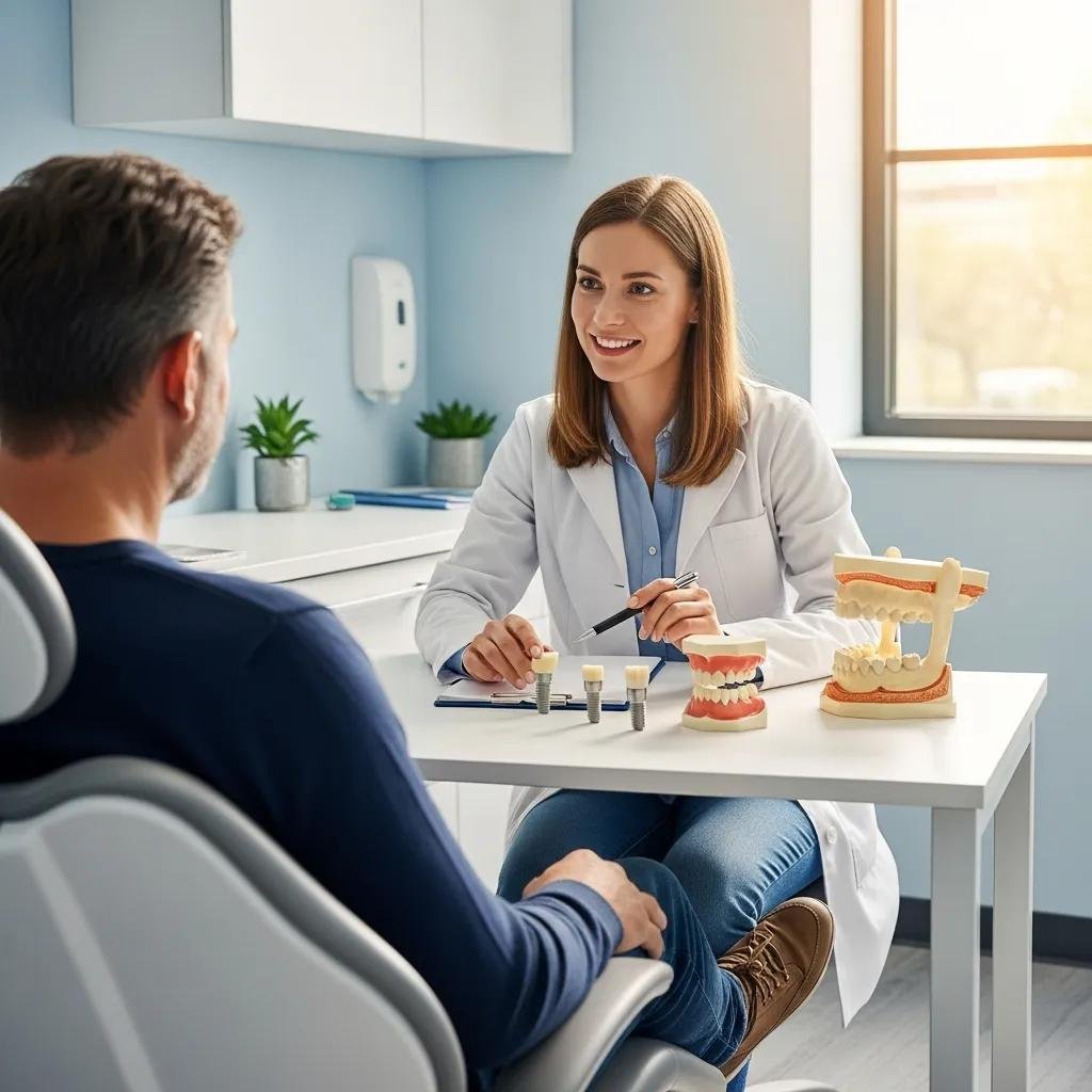 Dental consultation scene with dentist explaining dental implants to a patient