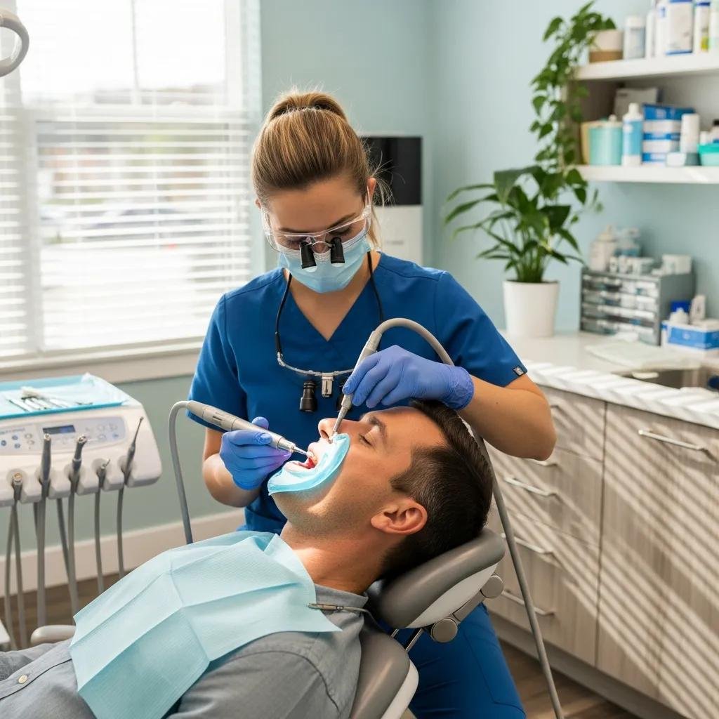 Dental hygienist performing professional teeth cleaning in a modern dental office