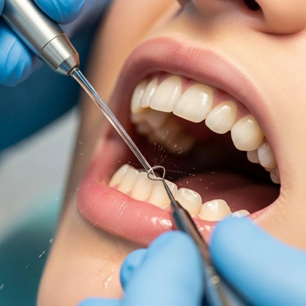 Dental hygienist performing scaling and root planing on a patient's teeth, illustrating gum health restoration