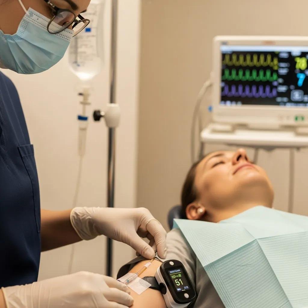 Dental professional administering IV sedation to a patient, highlighting safety and comfort in dental care