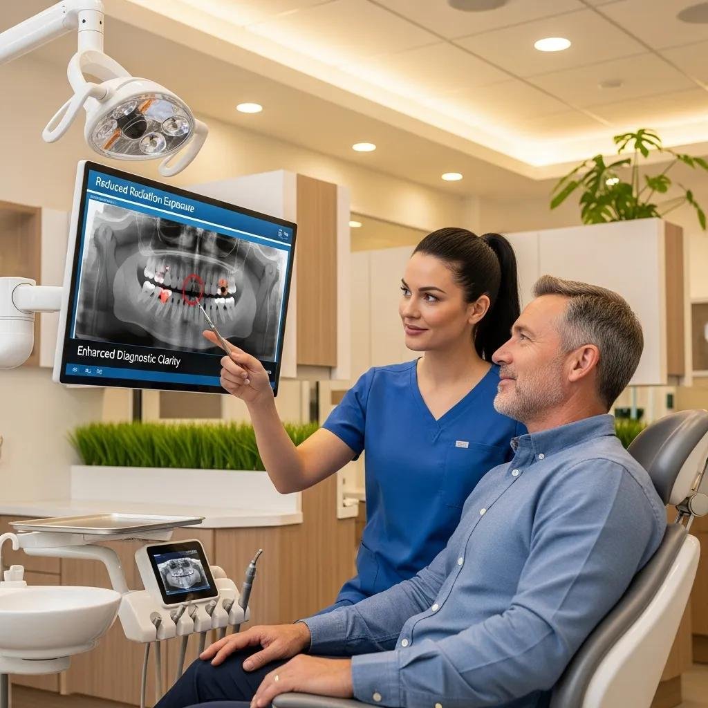 Dental professional explaining low radiation digital X-rays to a patient