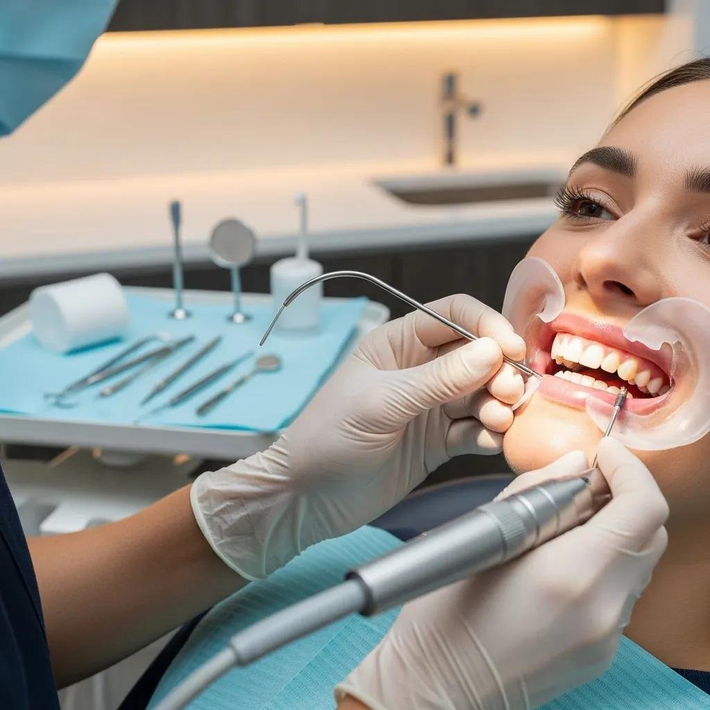 Dental professional performing gum contouring on a patient in a modern dental office