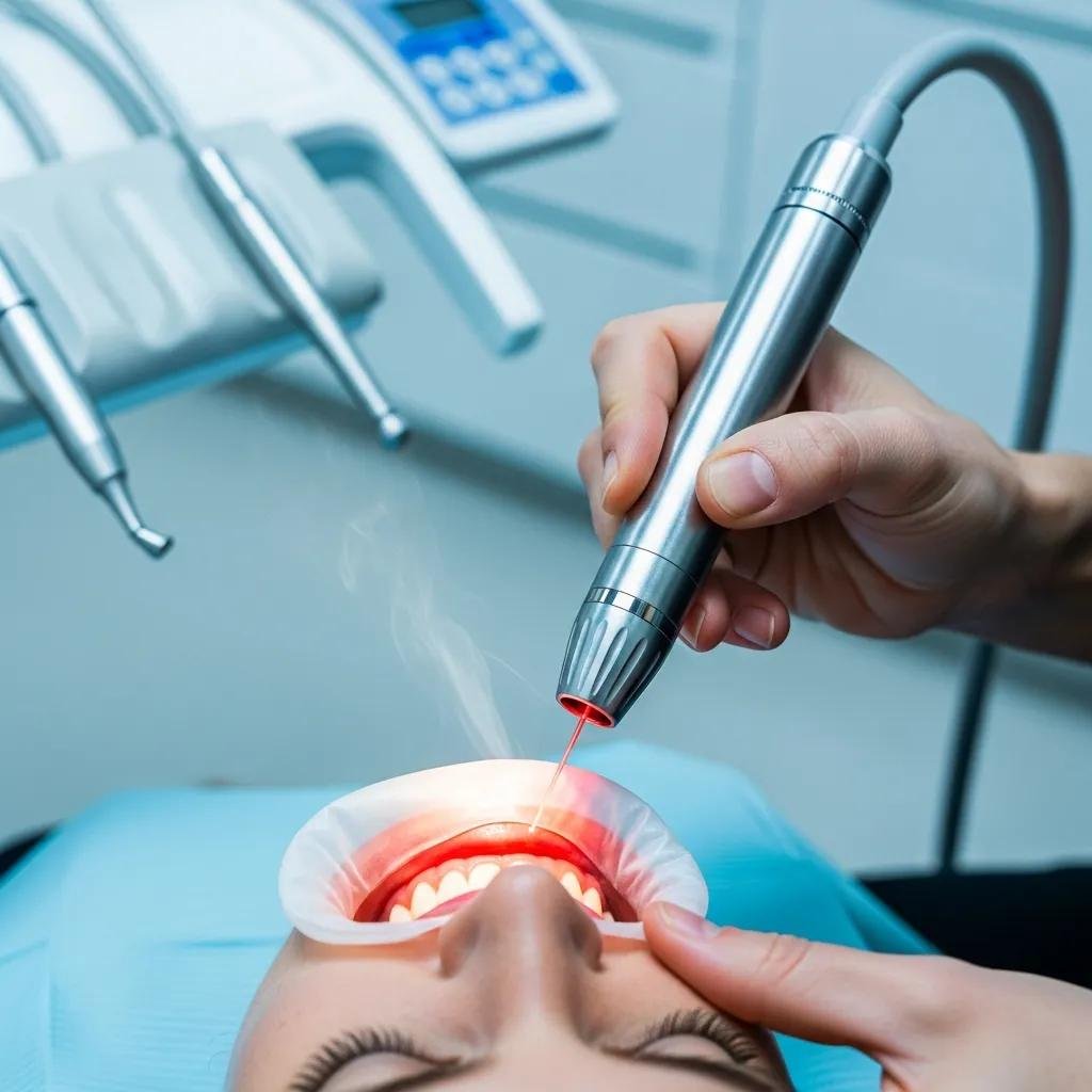 Dental professional using a laser tool on a patient's gums during laser gum therapy, highlighting advanced periodontal care
