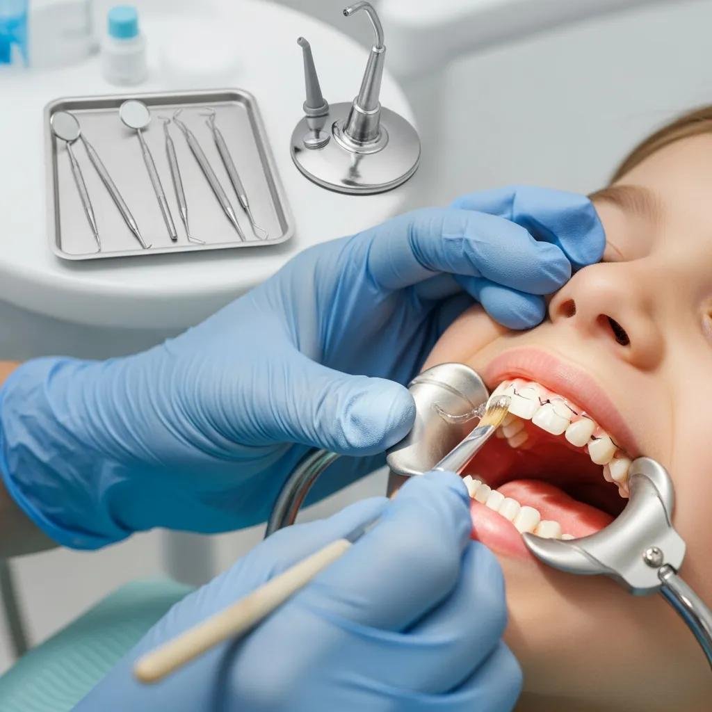 Dentist applying dental sealant to a child's molar, illustrating the application process