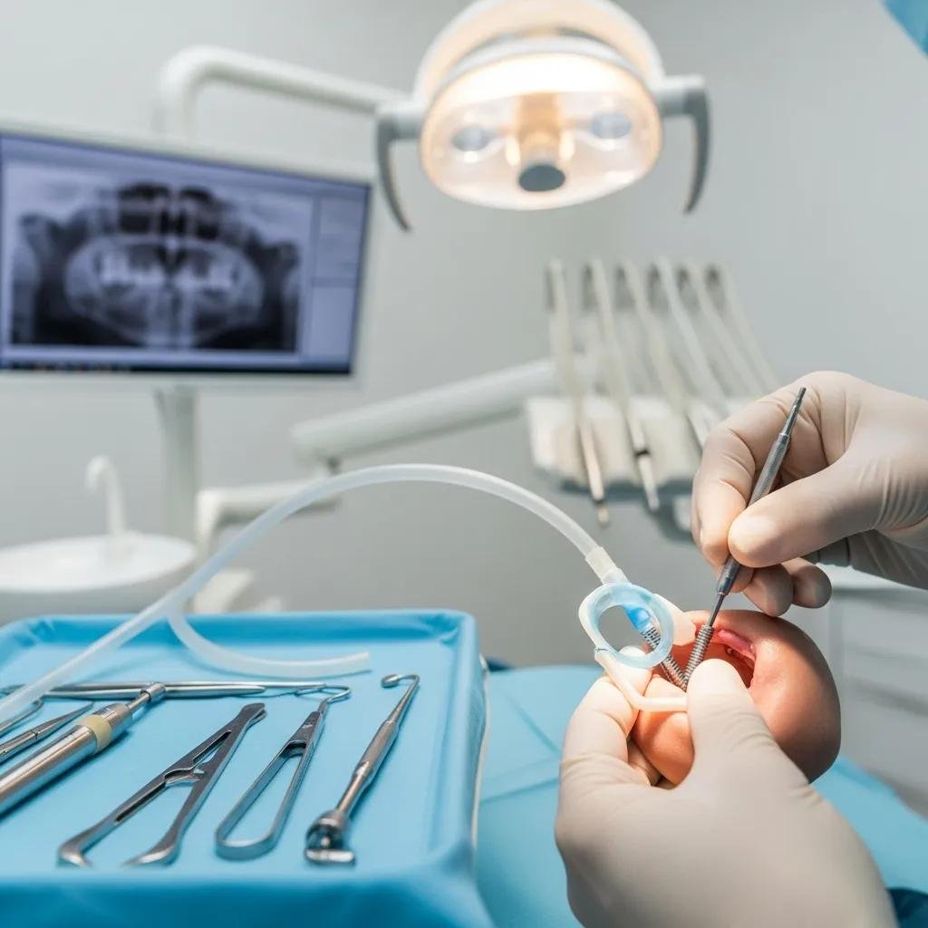 Dentist performing a dental implant procedure with advanced tools