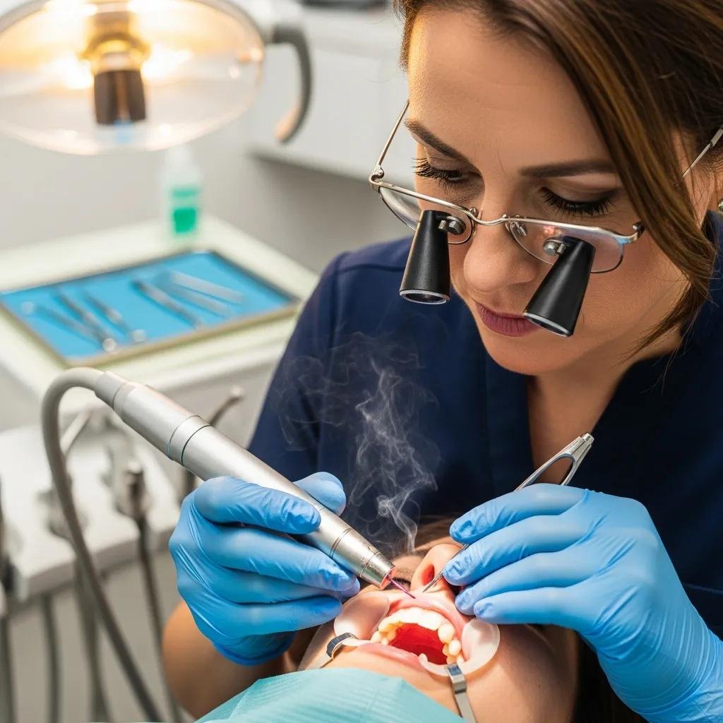 Dentist performing laser gum contouring procedure on a patient in a dental office