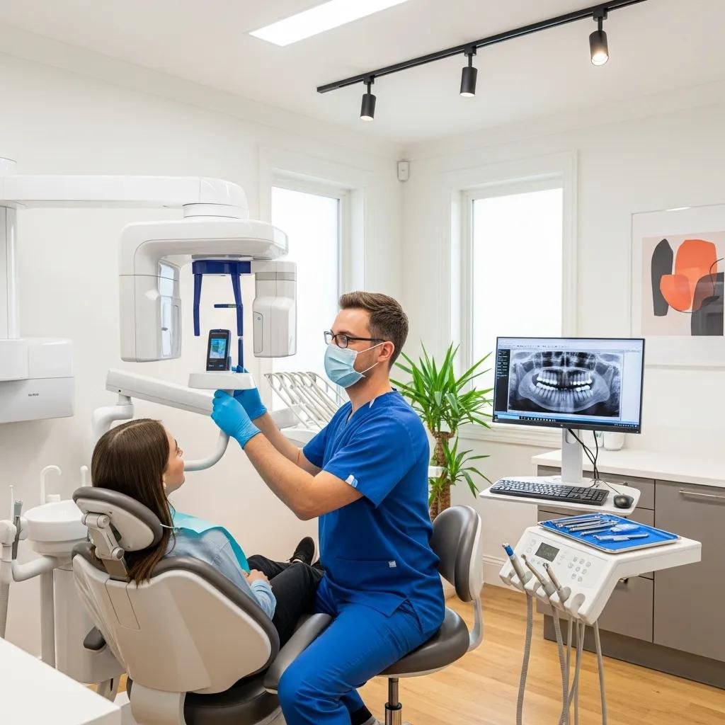 Dentist using digital X-ray technology in a modern dental clinic