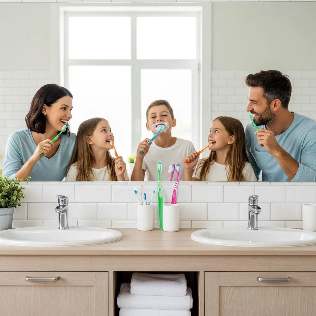 Family practicing oral hygiene together in a bright bathroom, highlighting the importance of dental care