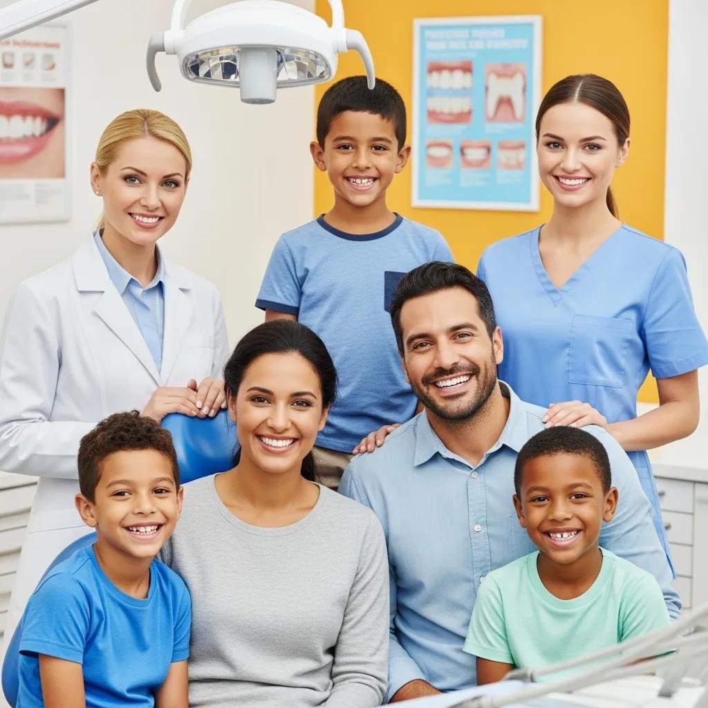 Family smiling with healthy teeth in a dental office, representing the benefits of preventive care