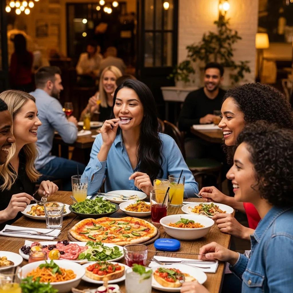 Group of friends enjoying a meal, one person removing Invisalign aligners