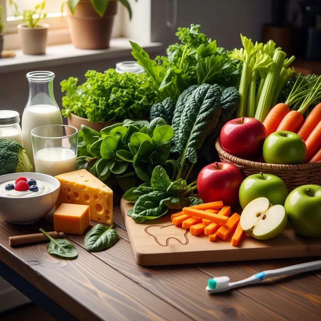 Healthy foods including fruits and vegetables promoting oral health and cavity prevention