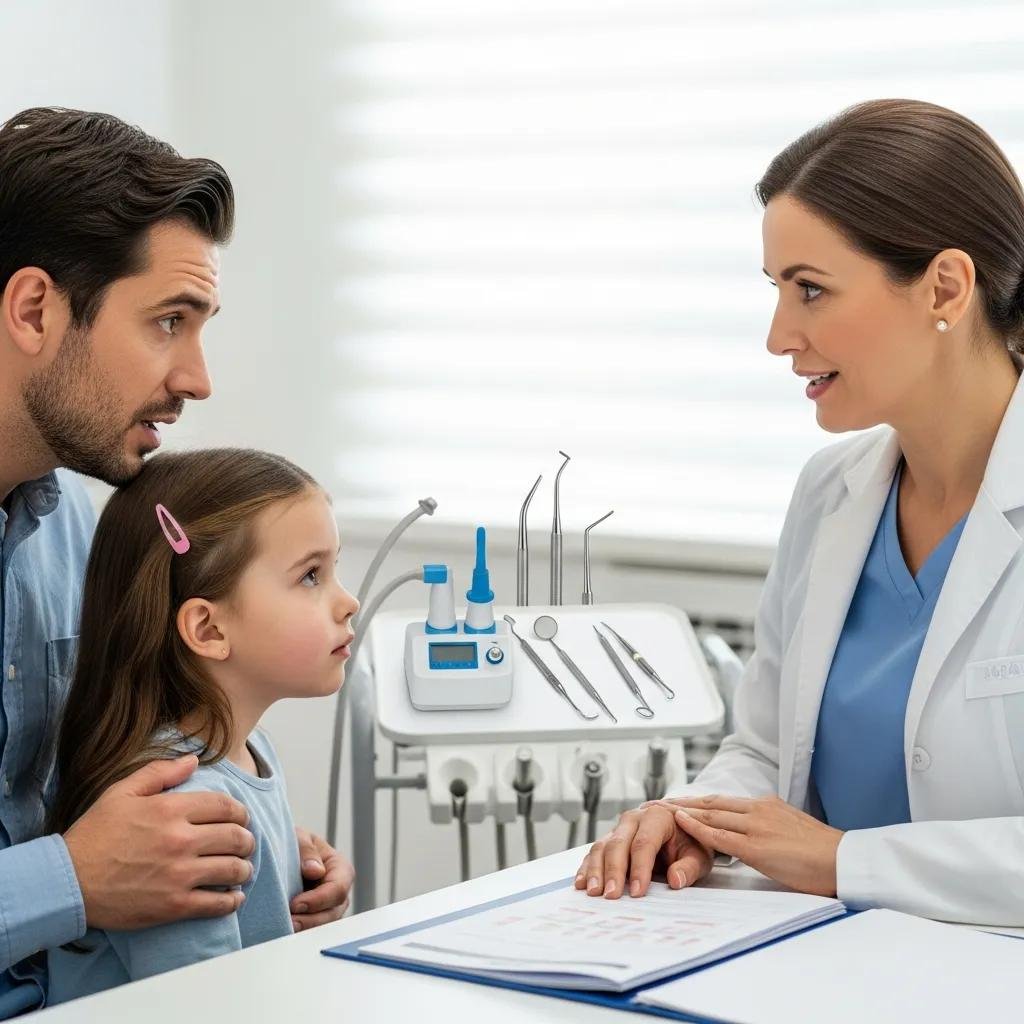 Parent and child consulting with a dentist about emergency dental care
