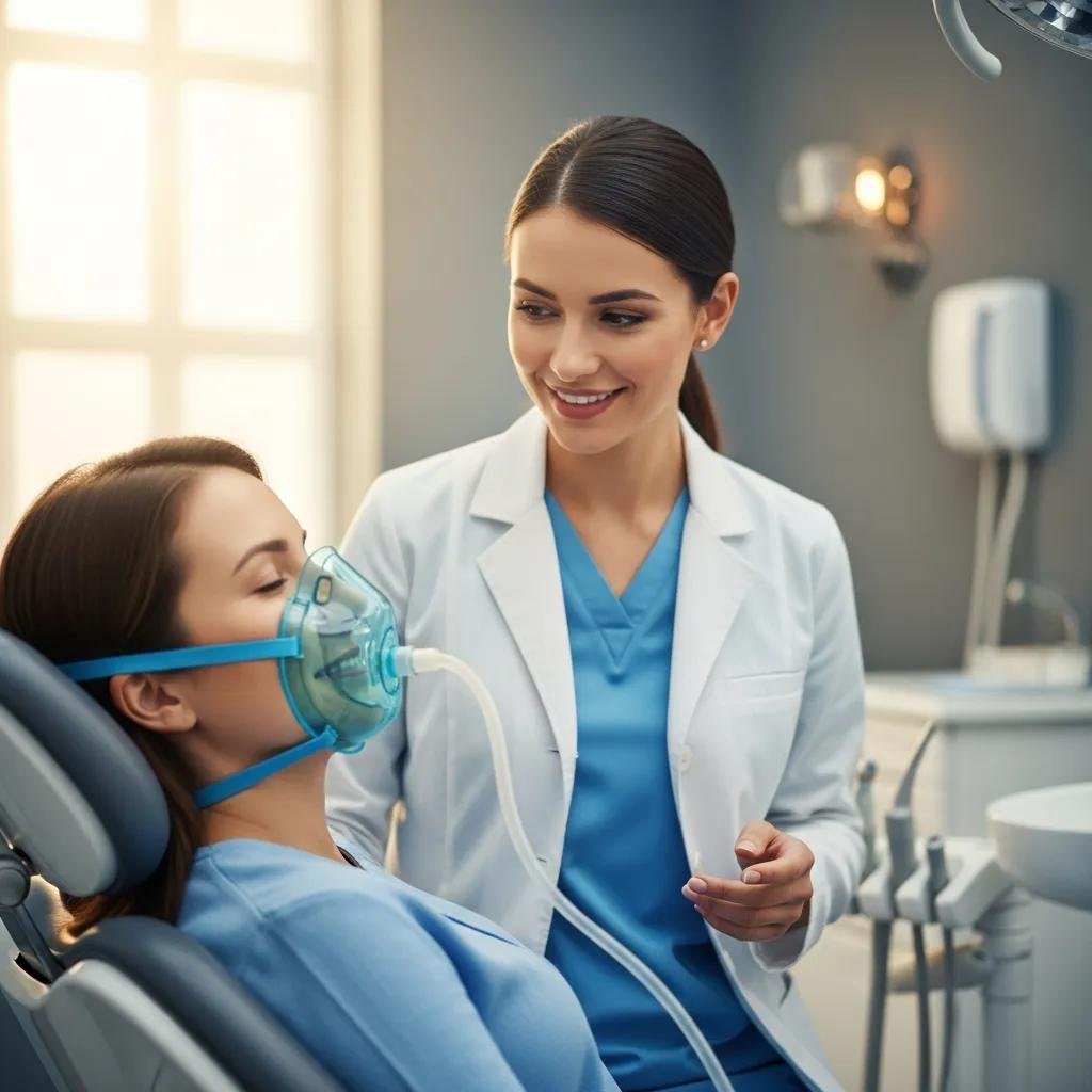 Patient receiving nitrous oxide sedation in a calming dental environment, showcasing comfort and care
