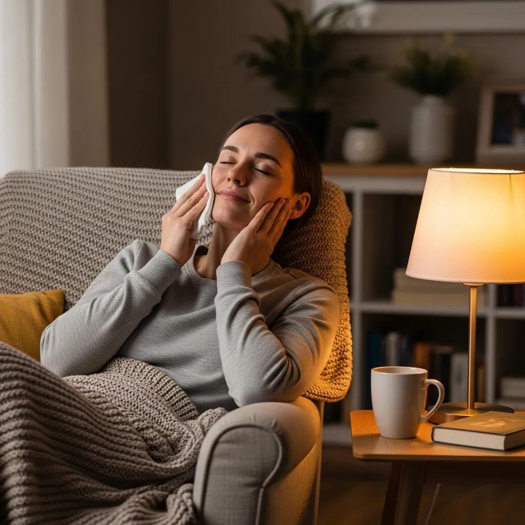 Patient recovering at home after gum contouring procedure with warm compress