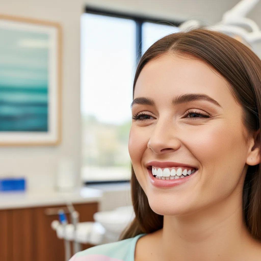 Patient smiling confidently after cosmetic dental treatment in a modern dental office