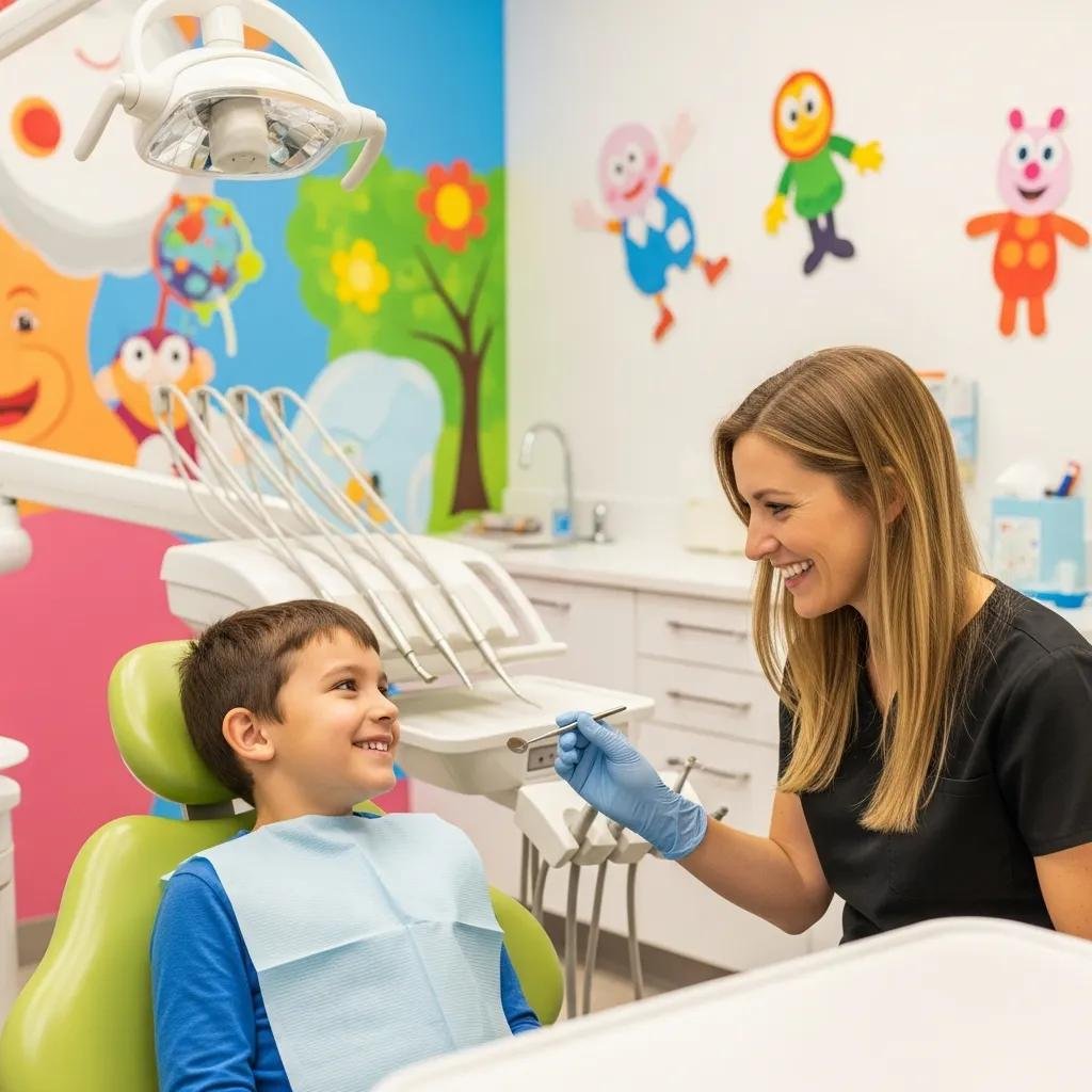 Pediatric dentist engaging with a child in a colorful dental office