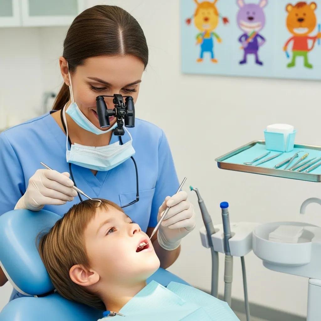Pediatric dentist examining a child's teeth in a friendly dental office