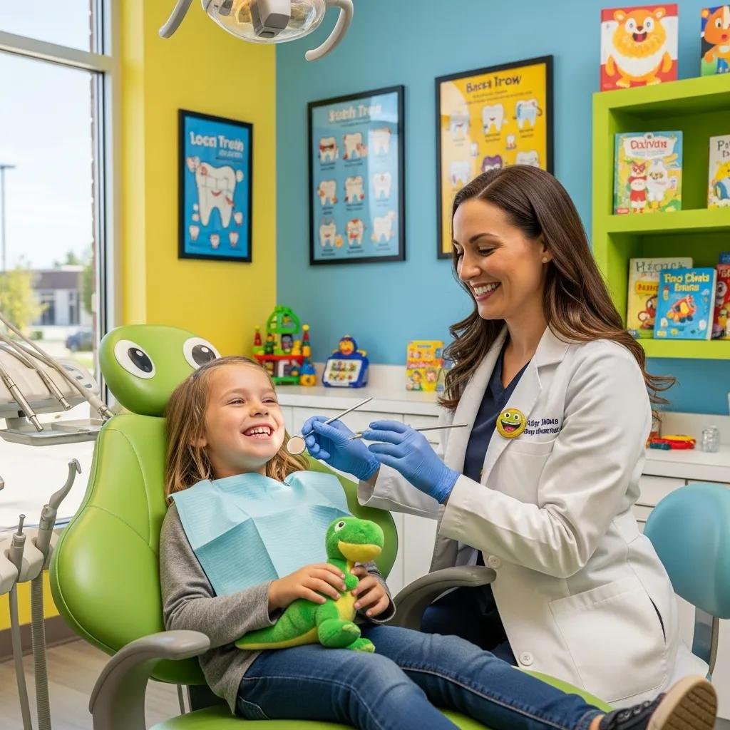 Pediatric dentist providing care to a child in a colorful dental office, highlighting family dentistry services