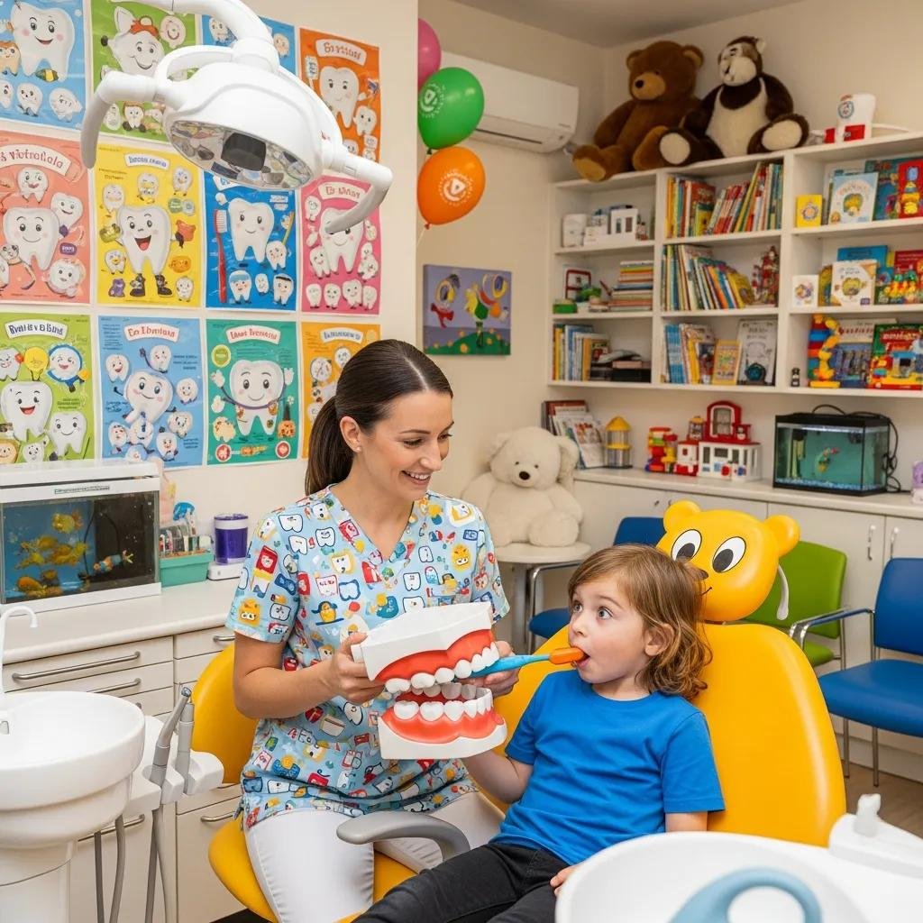 Pediatric dentist teaching a child about dental hygiene in a colorful office