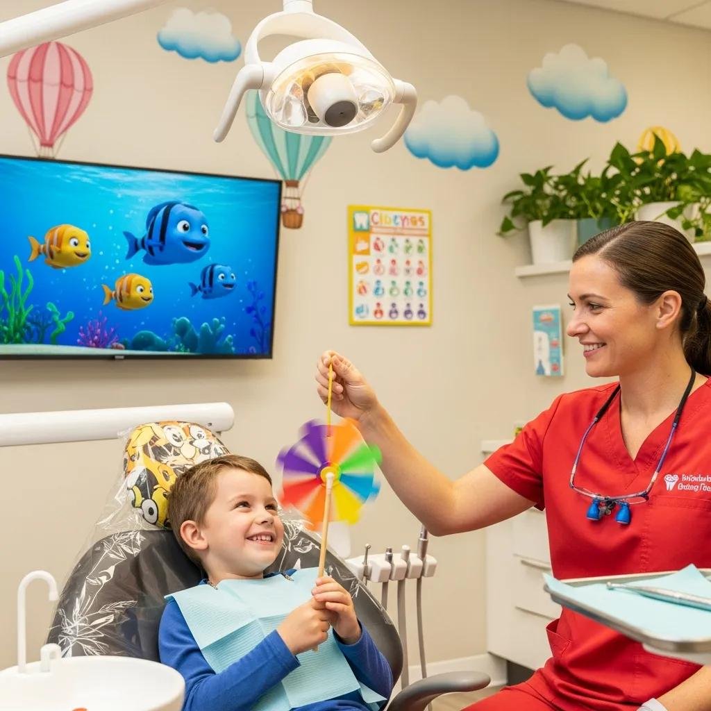 Pediatric dentist using distraction techniques to comfort a child during a dental visit