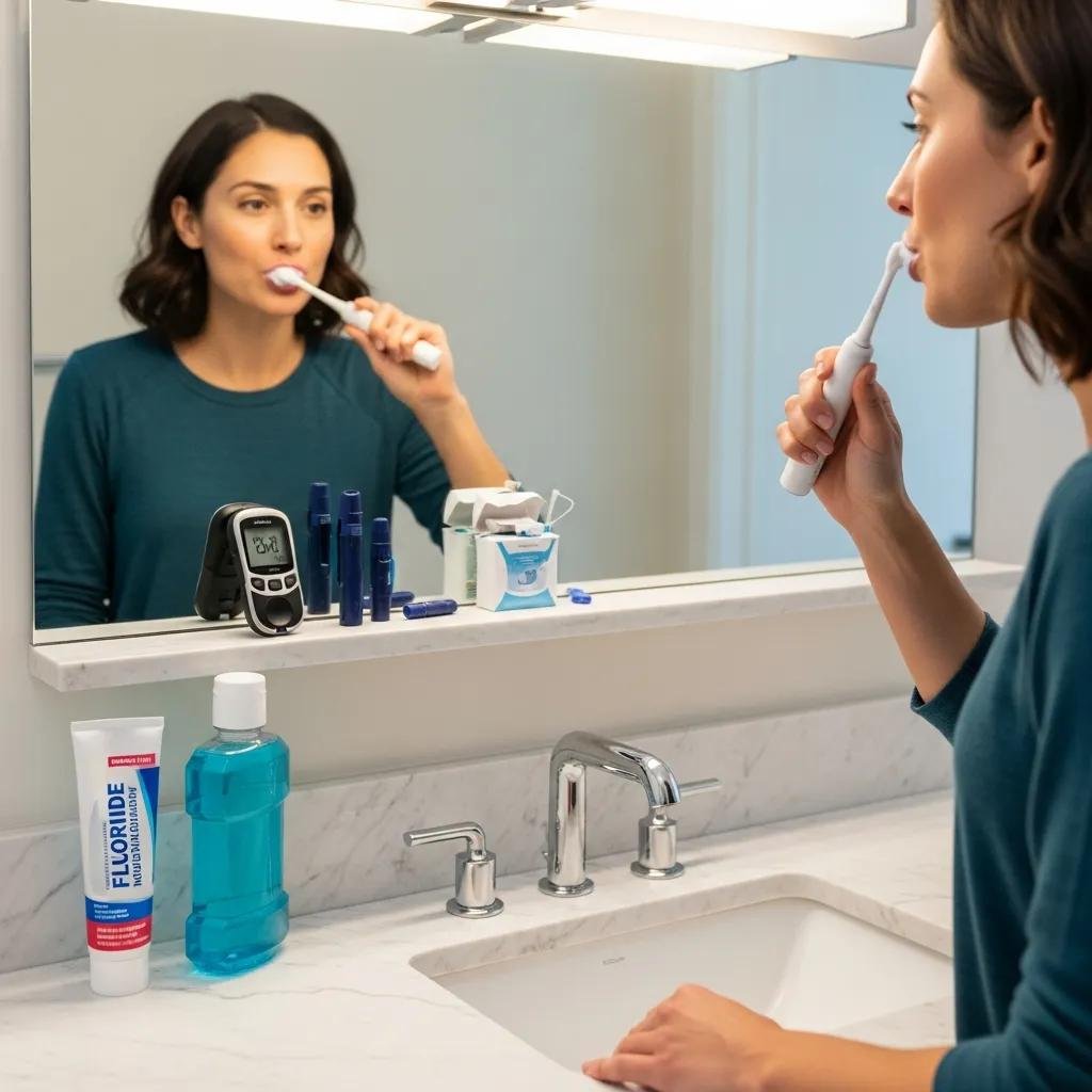 Person brushing teeth with diabetes management tools in the background, highlighting oral health's impact on diabetes
