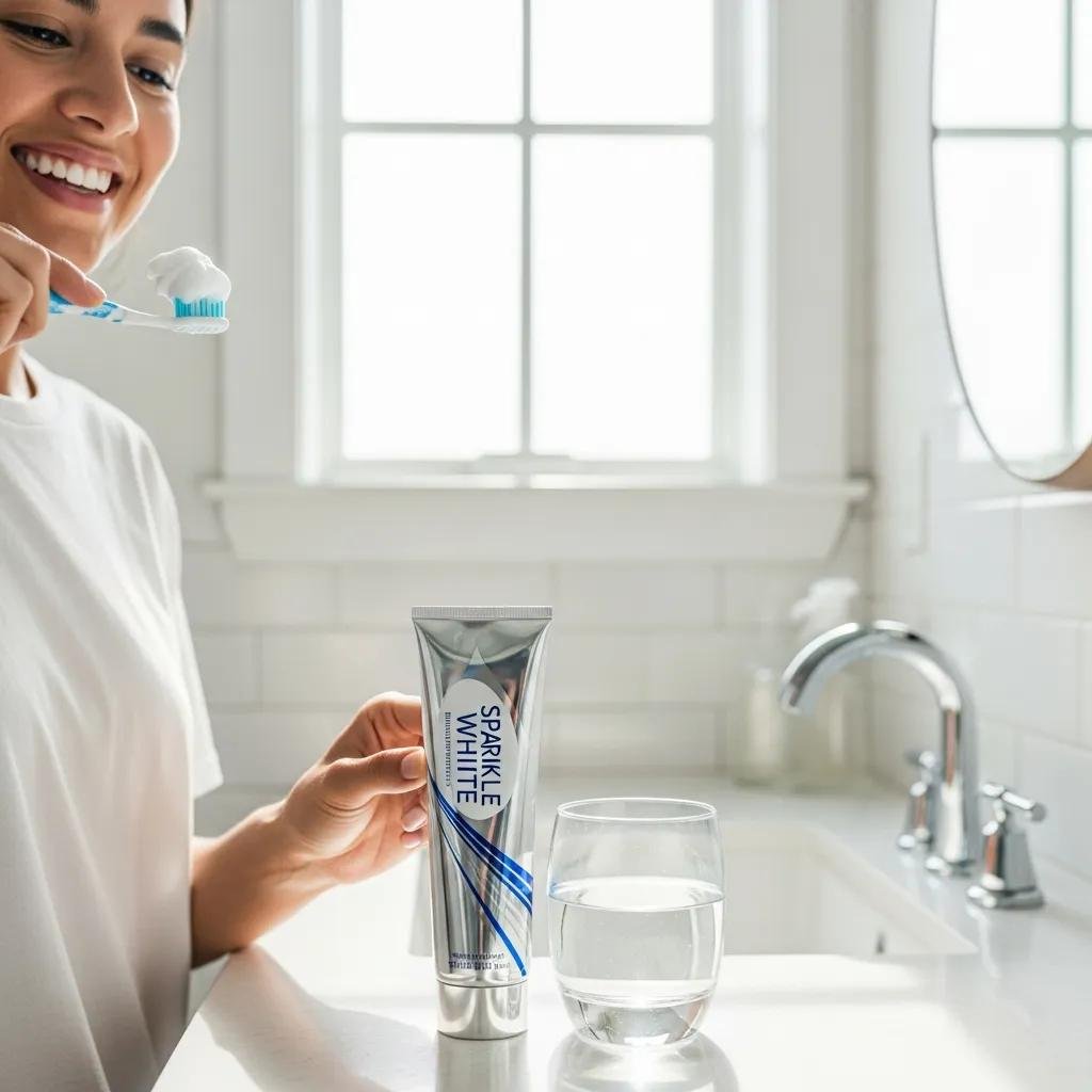 Person brushing teeth with whitening toothpaste in a bright bathroom