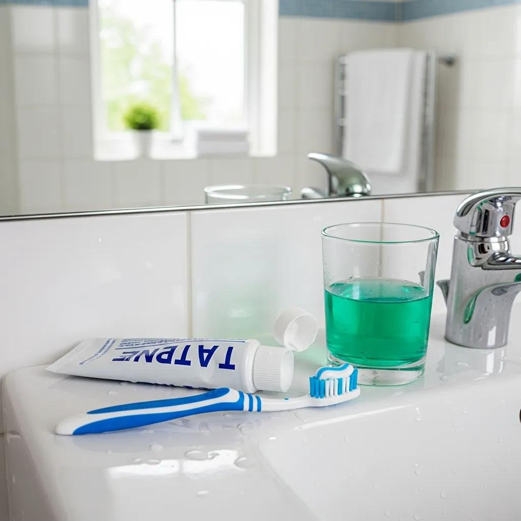 Toothbrush and toothpaste on a bathroom sink representing daily oral hygiene tips