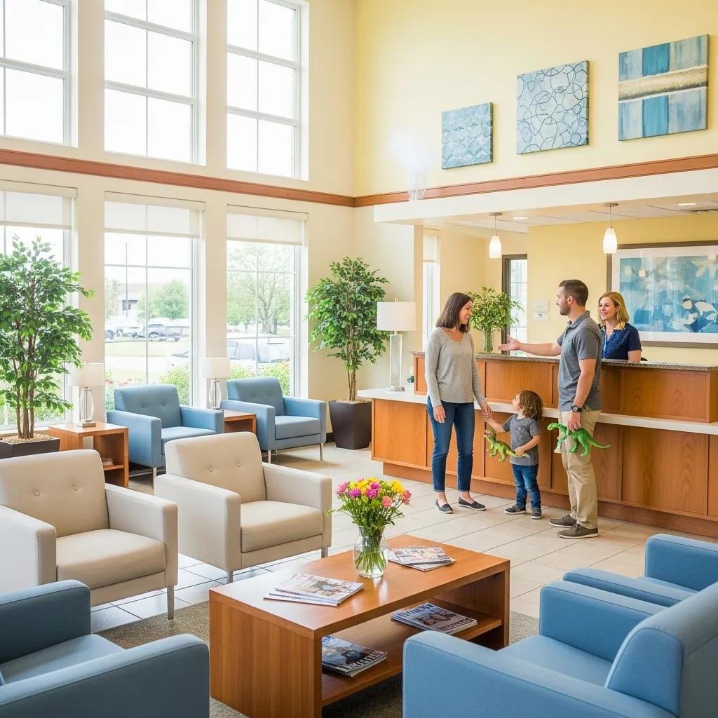 Welcoming dental office reception area with friendly staff and comfortable seating