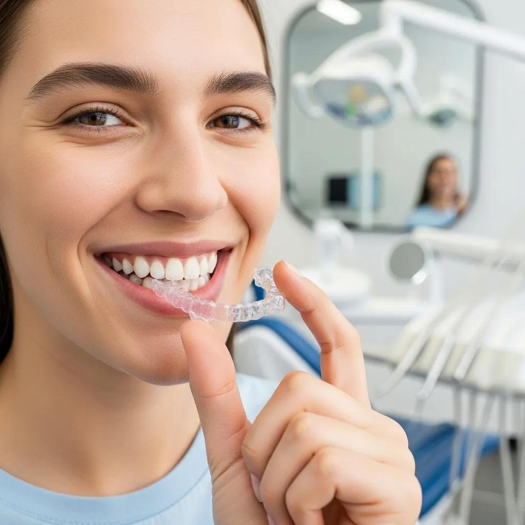 Young adult showcasing an Invisalign aligner in a modern dental office, emphasizing the benefits of clear orthodontic solutions
